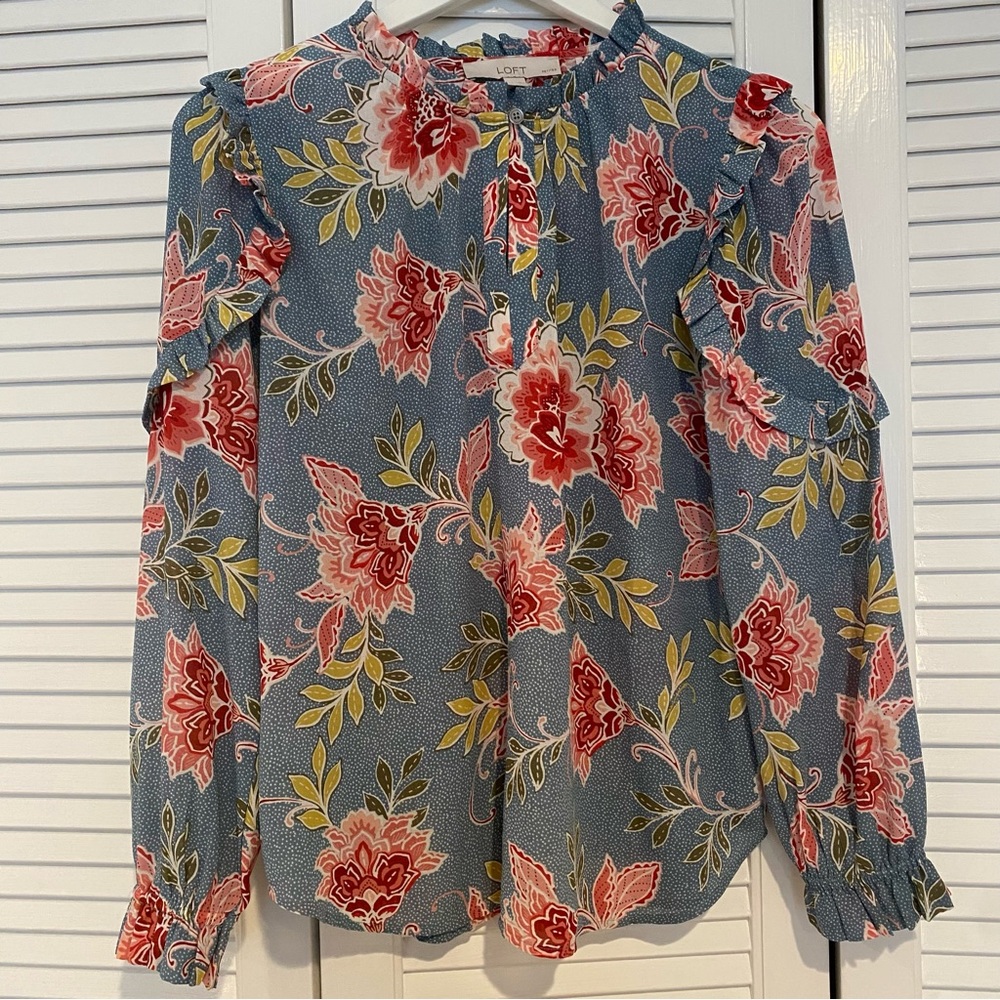 LOFT Blue Floral Long Sleeved Blouse
